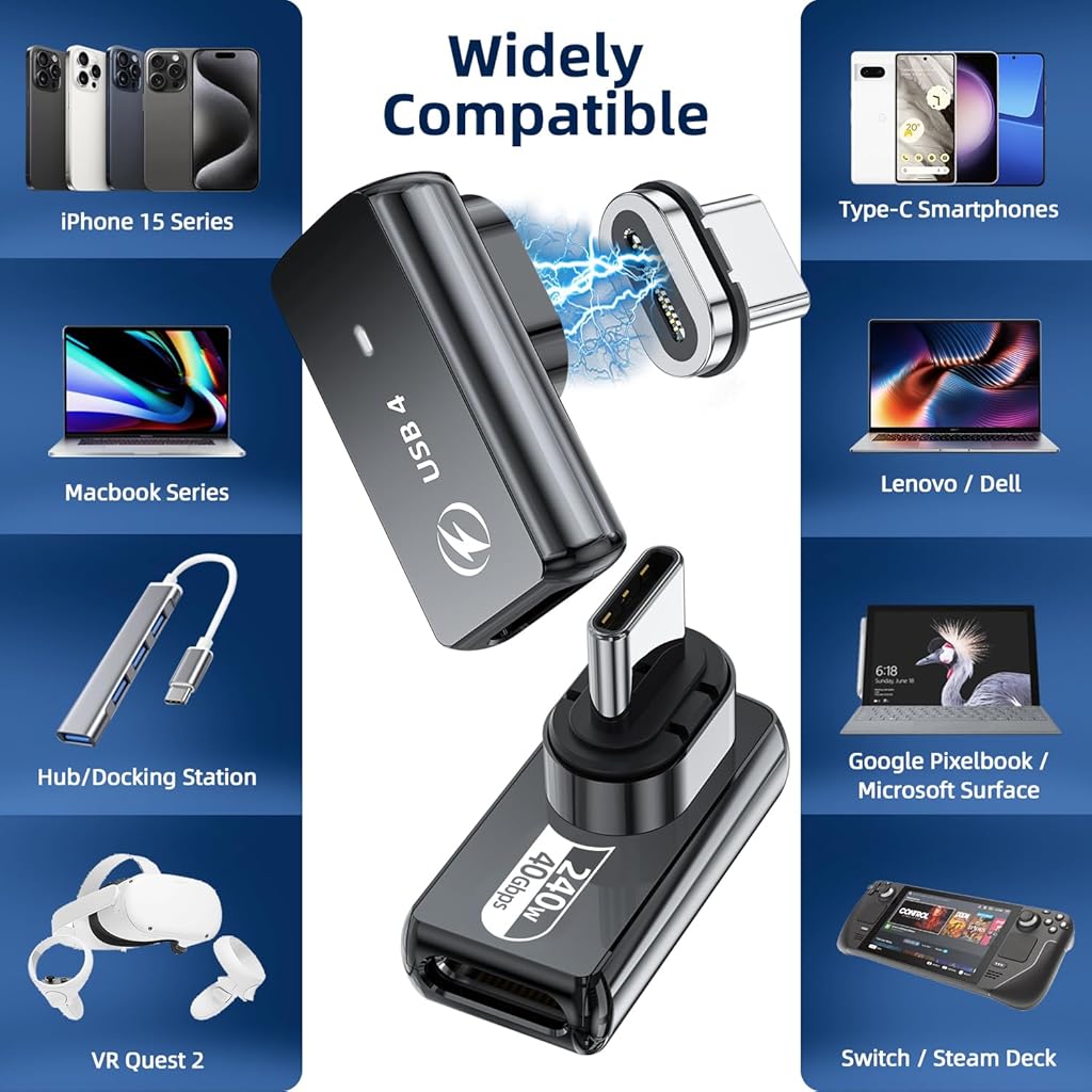 ZORBES® USB C 4.0 Adapter, Right Angle Magnetic USB C Adapter Supports PD 240W 40Gbps Adapter & 8K@60Hz Video Display PD24Pin Zinc Alloy USB C Adapter for Thunderboard 4/3 MacBook Pro/Air ZORBES® USB C 4.0 Adapter, Right Angle Magnetic USB C Adapter Supports PD 240W 40Gbps Adapter & 8K@60Hz Video Display PD24Pin Zinc Alloy USB C Adapter for Thunderboard 4/3 MacBook Pro/Air